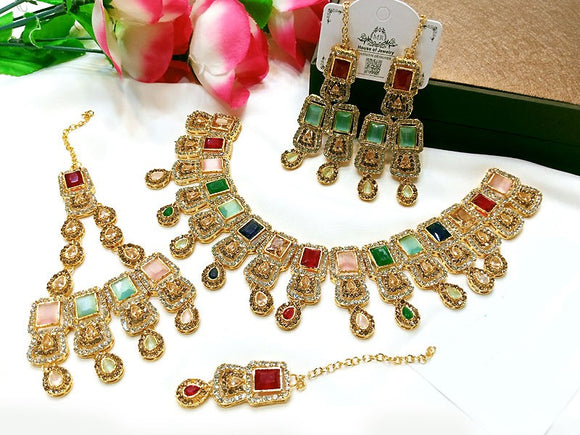 Multicolor Stones & Zircon Studded Bridal Jewellery Set with Earrings, Jhumar & Teeka (DZ16788)