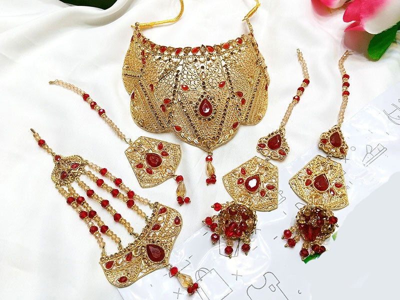Bridal Collar Choker Jewellery Set with Earrings, Jhumar and Maang Tee