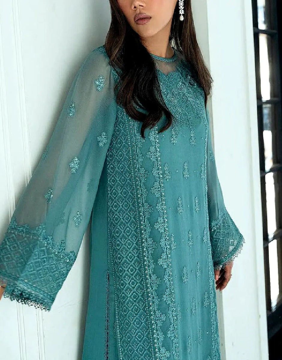 Graceful Heavy Embroidered Teal Glam Chiffon Dress for Formal & Party   DressyZone.com