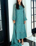 Graceful Heavy Embroidered Teal Glam Chiffon Dress for Formal & Party Wear (DZ18416)