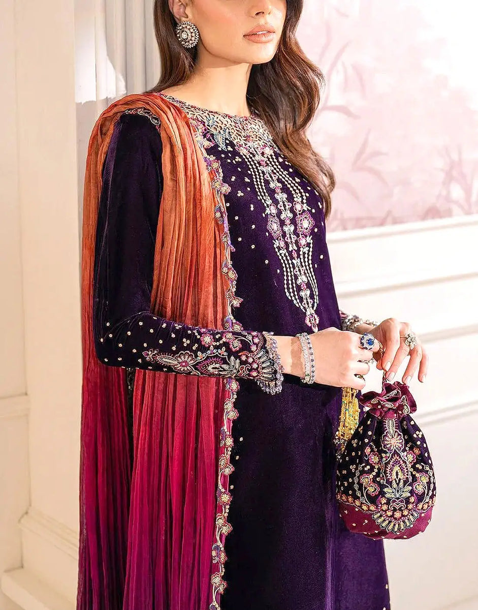 Embroidered Royal Purple Velvet Wedding Dress with Matching Velvet Pou –  DressyZone.com