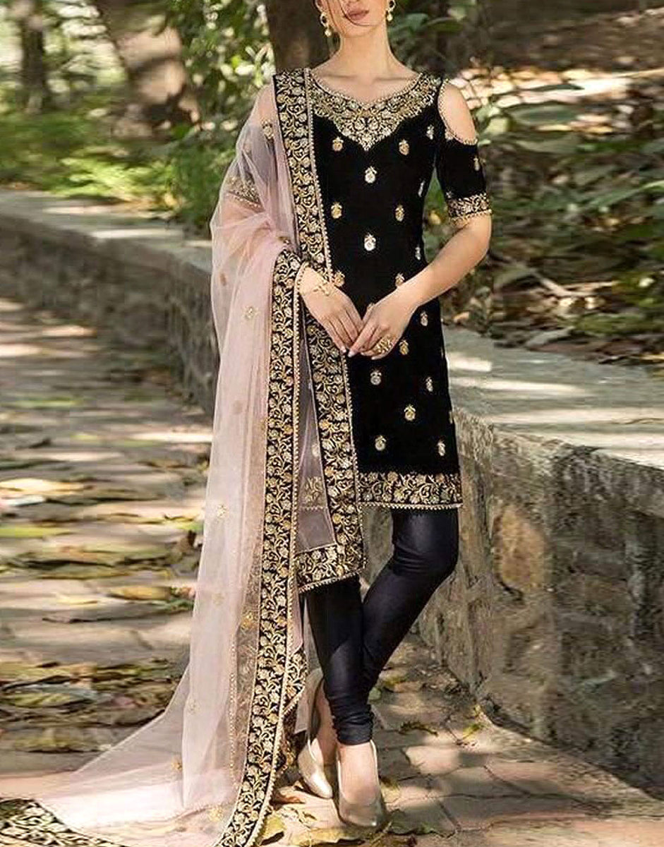 Indian Embroidered Black Velvet Dress (DZ12506) at Discount Price