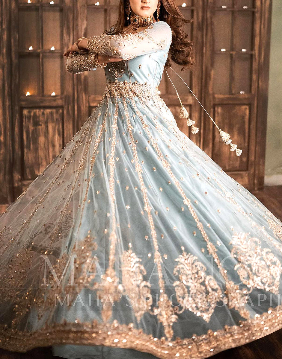 Embroidered Mirror Work Blue Net Bridal Maxi Dress (DZ14229)