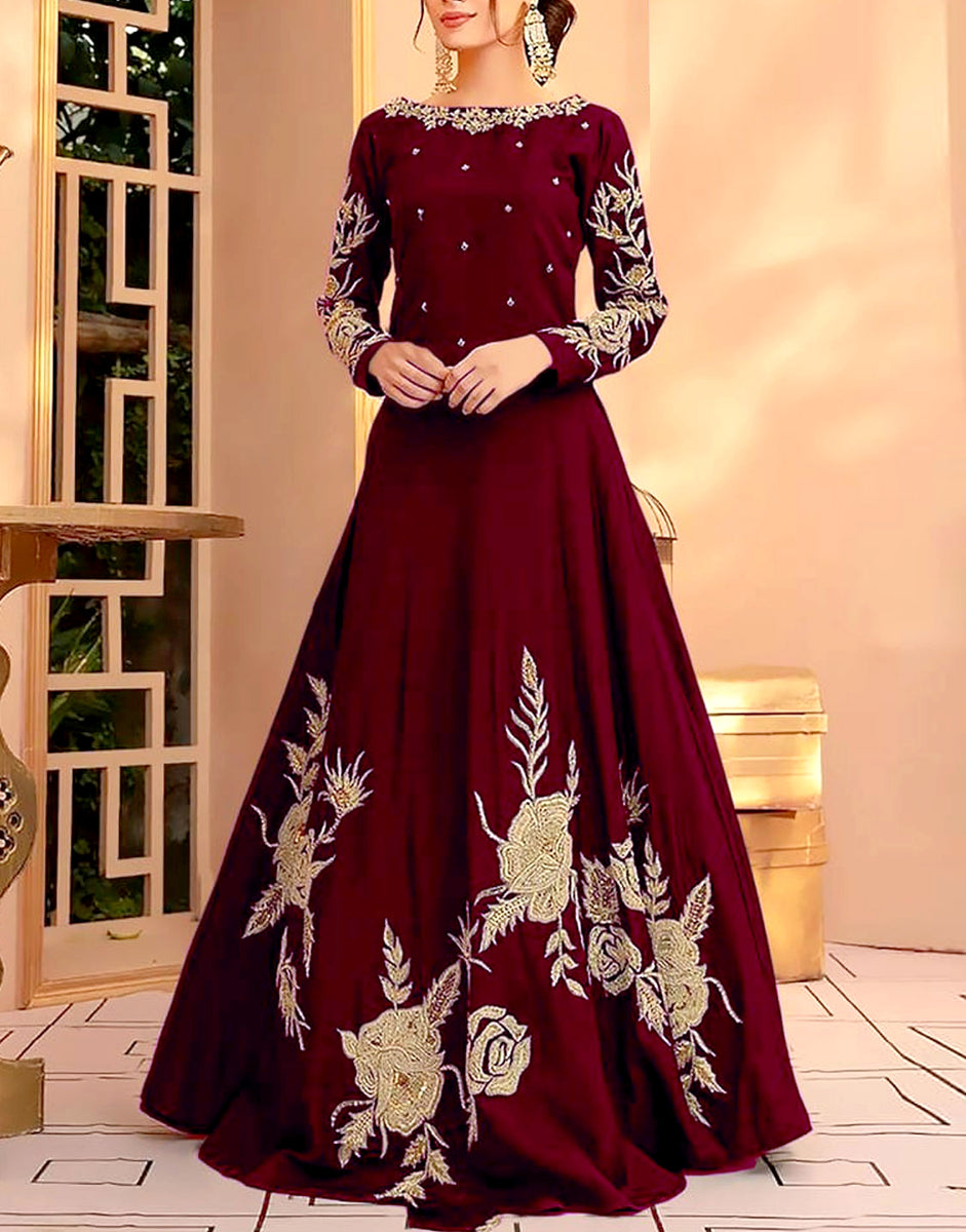 Readymade Embroidered Maroon Shamoz Silk Maxi (DZ15322) – DressyZone.com