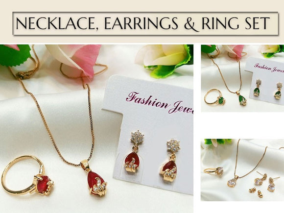 Beautiful Faux Ruby Necklace, Earrings & Ring Jewelry Set (DZ16441)