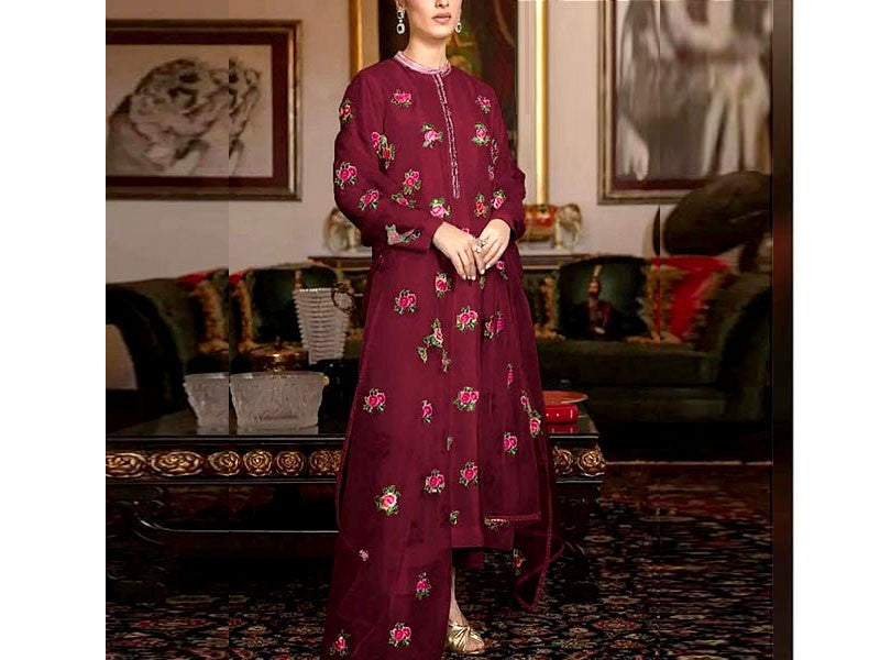 Readymade 3 Piece Embroidered Shamoz Silk Dress with Emb. Organza