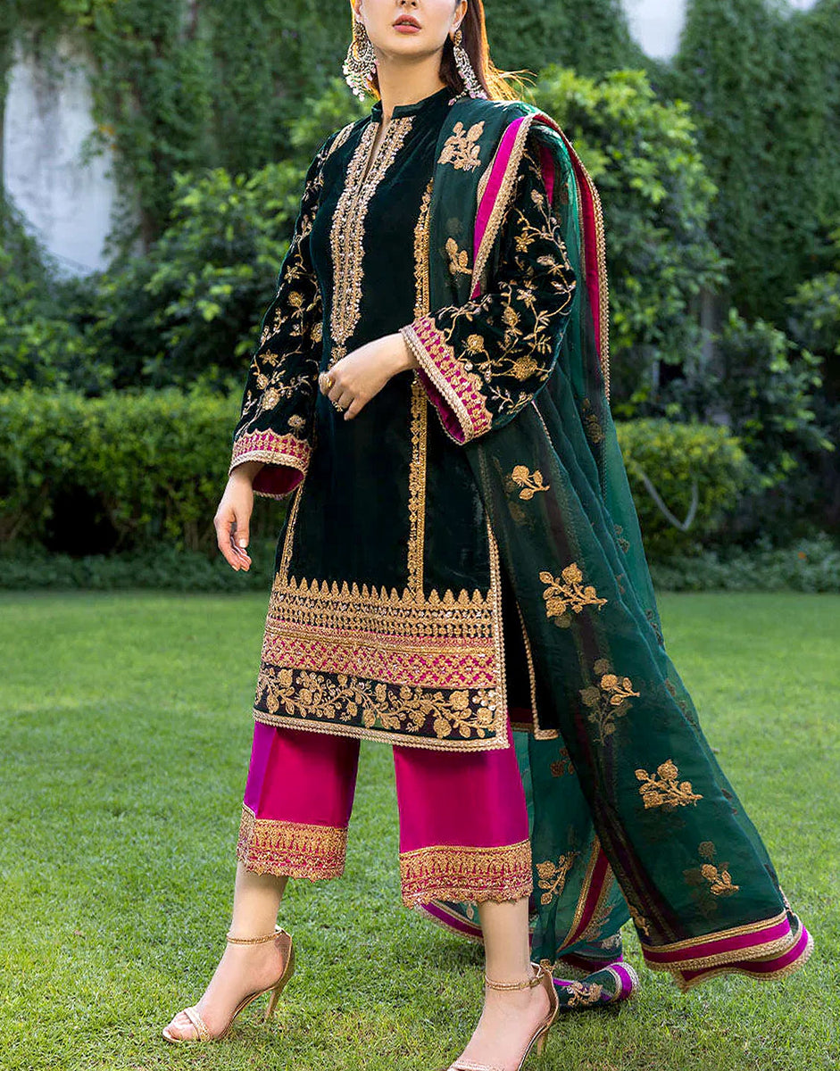 green emerald velvet dress Luxury Embroidered Green Velvet Dress with Emb. Organza Dupatta (DZ167 –  DressyZone.com