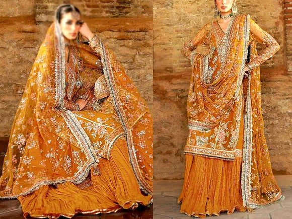 Luxury Handwork Embroidered Net Wedding Dress with Crushed Silk Gharara (DZ16953)