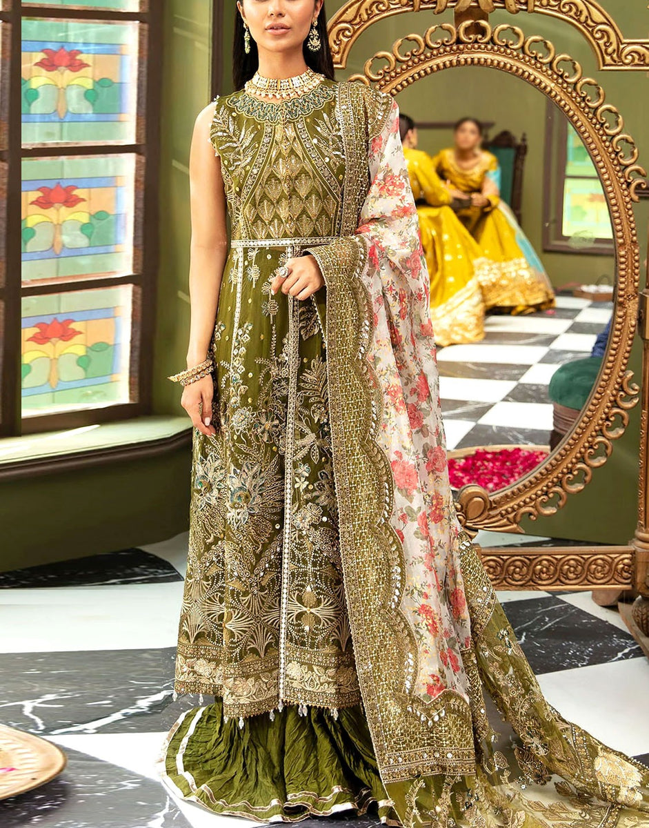Luxurious Heavy Embroidered Organza Bridal Mehndi Dress (DZ17546