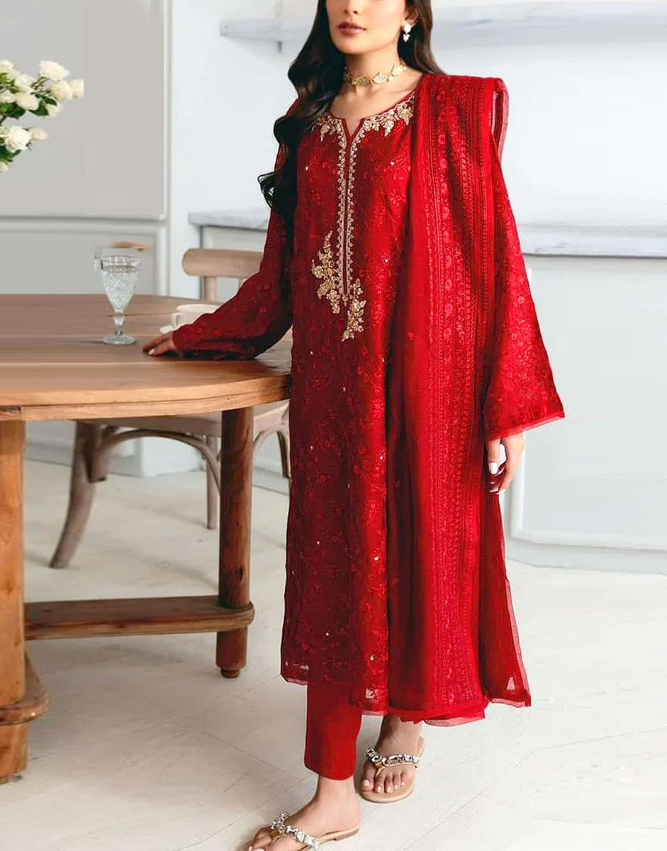 Heavy Embroidered Red Chiffon Party Wear Dress with Inner (DZ17636) –