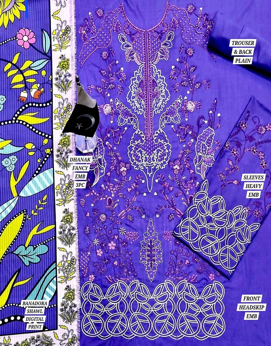 3 Piece Embroidered Dhanak Shirt with Embroidered Dhanak Shawl MB 965