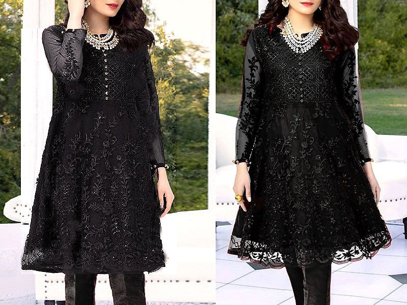 2-Piece Embroidered Black Net Party Wear Dress (DZ13444)