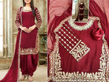 Mirror Work Embroidered Maroon Chiffon Dress (DZ13564)