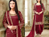 Mirror Work Embroidered Maroon Chiffon Dress (DZ13564)