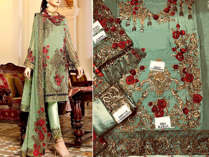 3D Handwork Embroidered Chiffon Party Wear Dress 2024 DZ14367