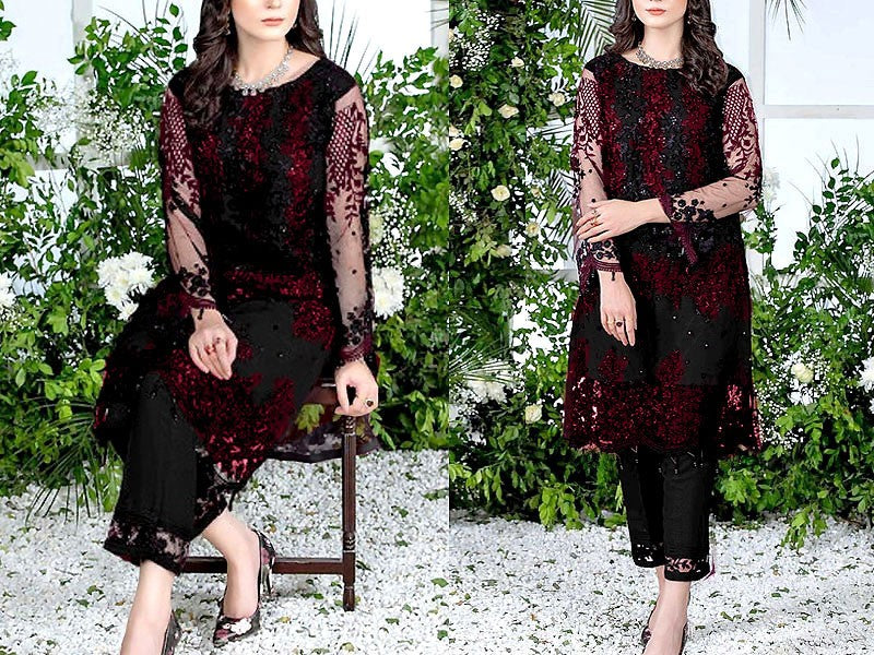 2-Piece Embroidered Fancy Net Party Wear Dress 2024 (DZ15259)