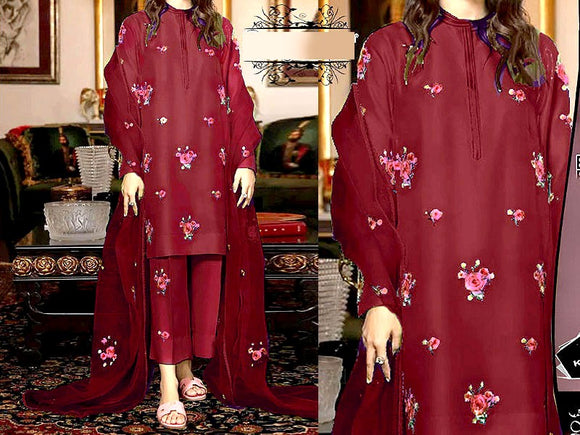 Sequins Embroidered Katan Silk Dress with Embroidered Organza Dupatta (DZ15483)
