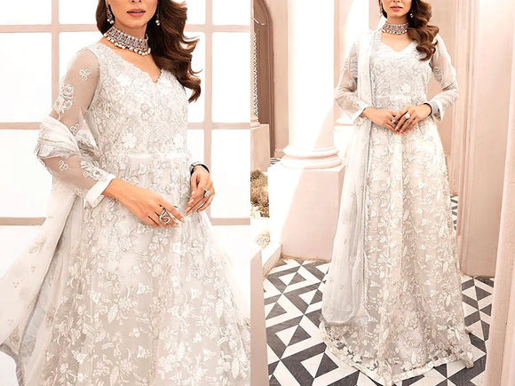 Heavy Embroidered White Chiffon Wedding Dress 2024 (DZ15556)