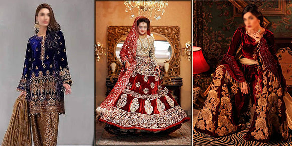 Designer Velvet Party Wear Dresses Designs Online in Pakistan