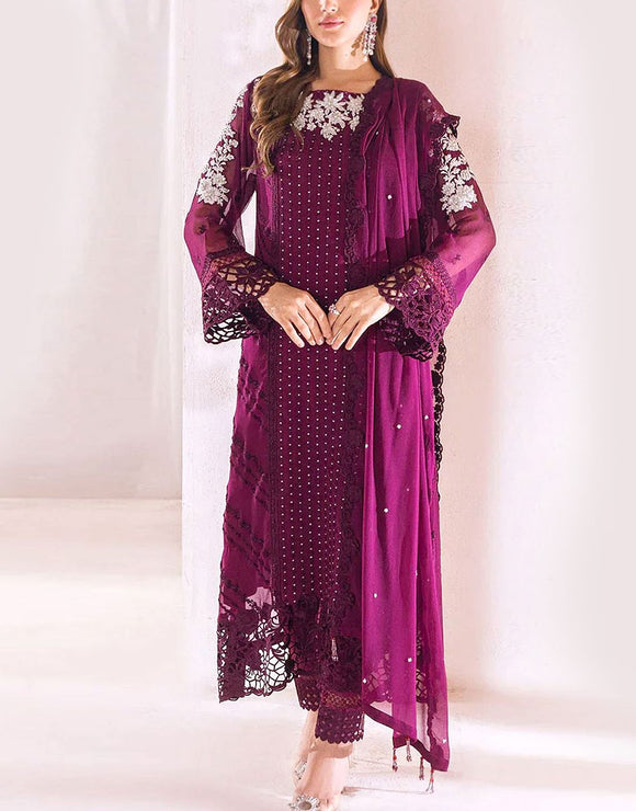 Trendy Embroidered Chiffon Party Wear Dress with Inner (DZ17562)