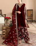 Luxury Embroidered Maroon Velvet Wedding Dress (DZ16795)