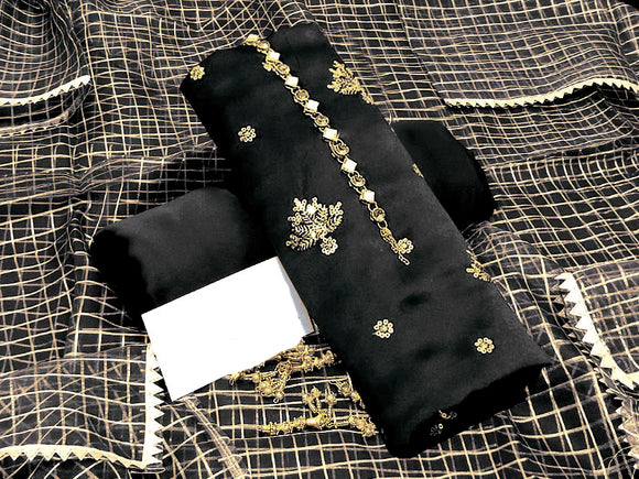Embroidered Black Shamoz Silk Party Wear Dress with Shamoz Silk Trouser (DZ14633)