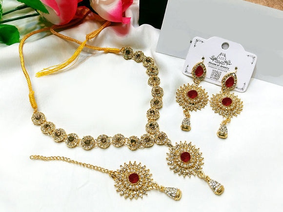 Elegant Maroon Stone Jewelry Set with Earrings & Tikka (DZ16766)