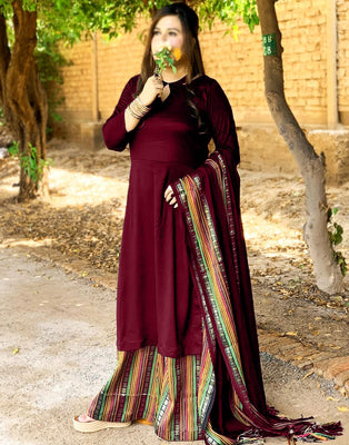Traditional 3-Pieces Maroon Sussi Dress (DZ17551)