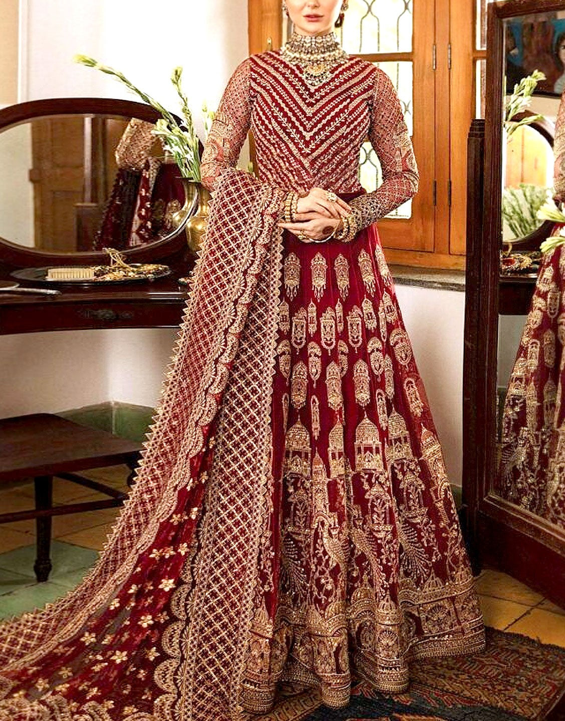 Heavy Embroidered Net Bridal Maxi Dress with Emb. Net Dupatta DZ17603 DressyZone