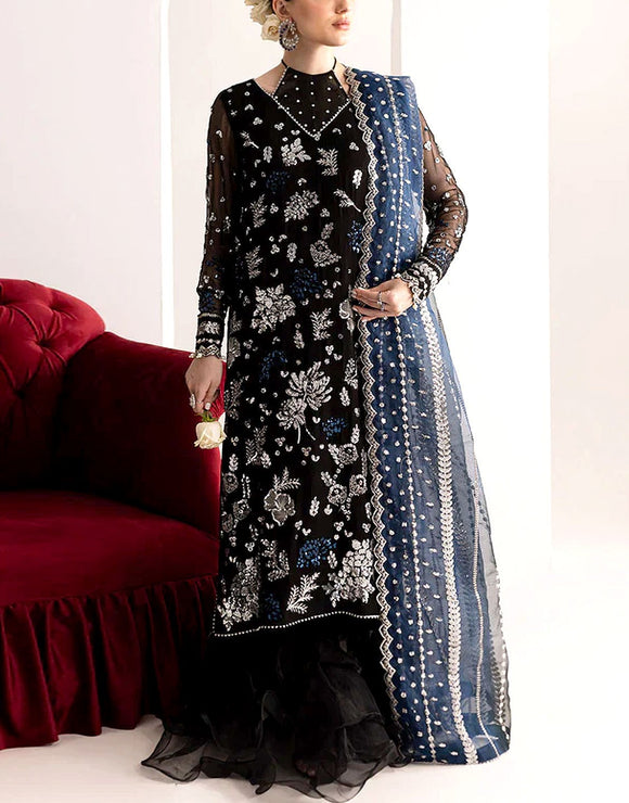 Handwork Heavy Embroidered Black Chiffon Wedding Dress (DZ17595)