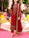 Fancy Embroidered Red Chiffon Party Wear Dress (DZ17583)