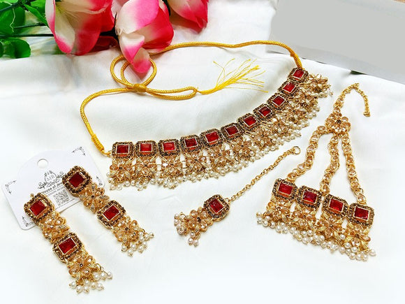 Bridal Choker Necklace Set with Earrings, Jhumar and Maang Teeka (DZ16763)