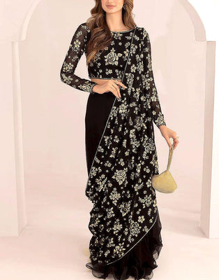 Luxury Heavy Embroidered Black Chiffon Wedding Saree (DZ17615)