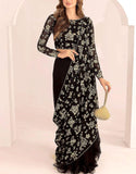 Luxury Heavy Embroidered Black Chiffon Wedding Saree (DZ17615)
