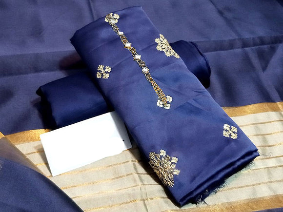 Banarsi Style Embroidered Shamoz Silk Dress with Silk Jhalar Dupatta (DZ16111)