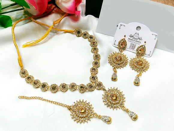 Elegant Champagne Stone Jewelry Set with Earrings & Tikka (DZ16765)