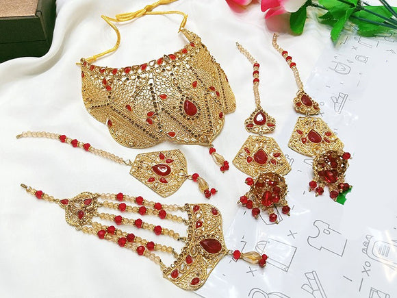Bridal Collar Choker Jewellery Set with Earrings, Jhumar and Maang Teeka (DZ16745)