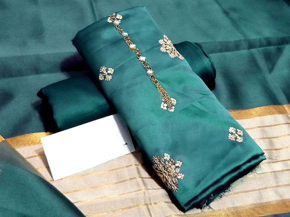 Banarsi Style Embroidered Shamoz Silk Dress with Silk Jhalar Dupatta (DZ16107)