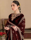 Luxury Embroidered Maroon Velvet Wedding Dress (DZ16795)