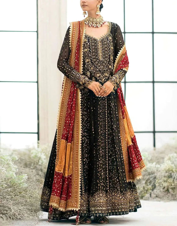 Glamorous Heavily Embroidered Black Chiffon Maxi Dress for Weddings (DZ18471)