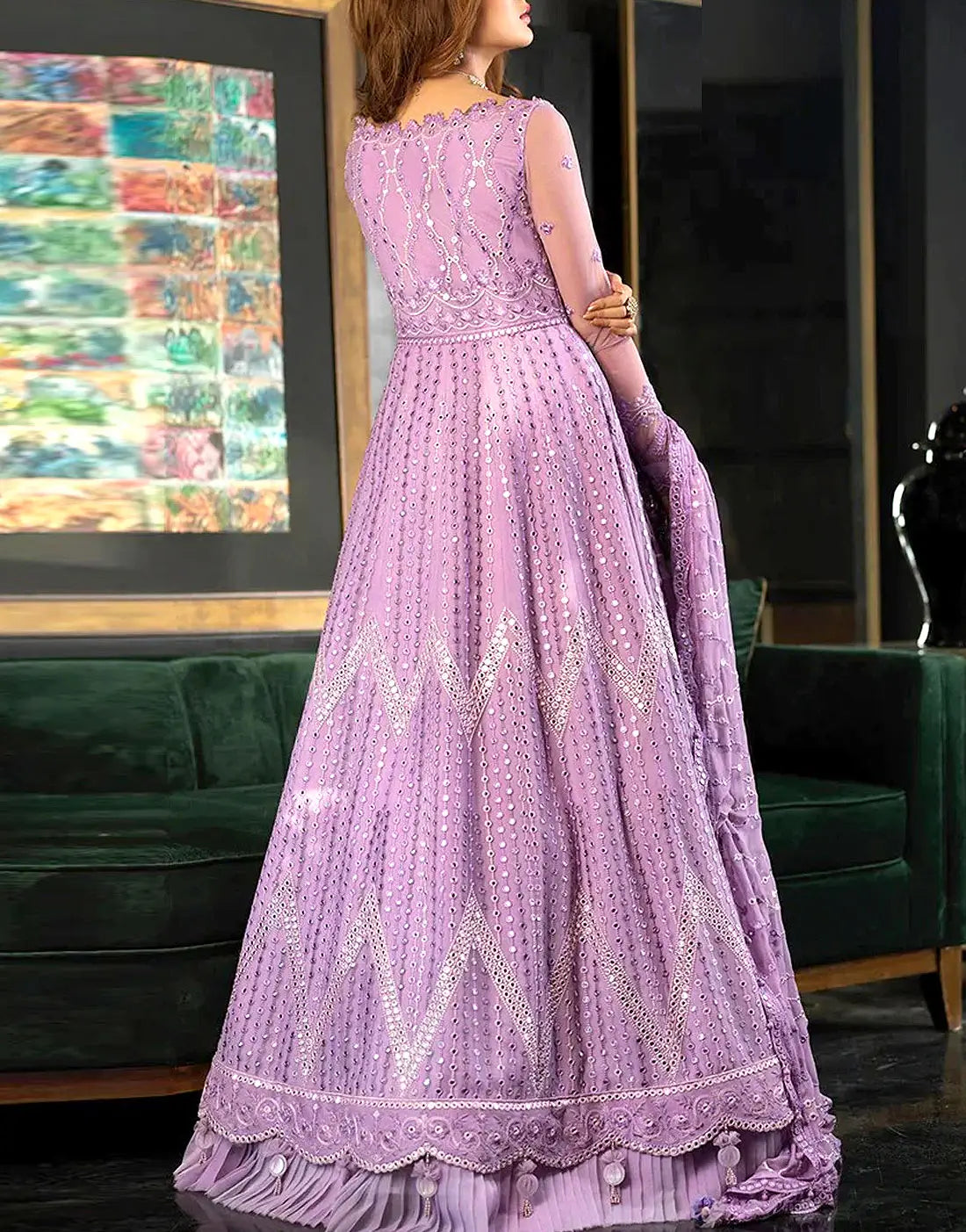 Glamorous 9mm Sequins Embroidered Mauve Chiffon Maxi Dress