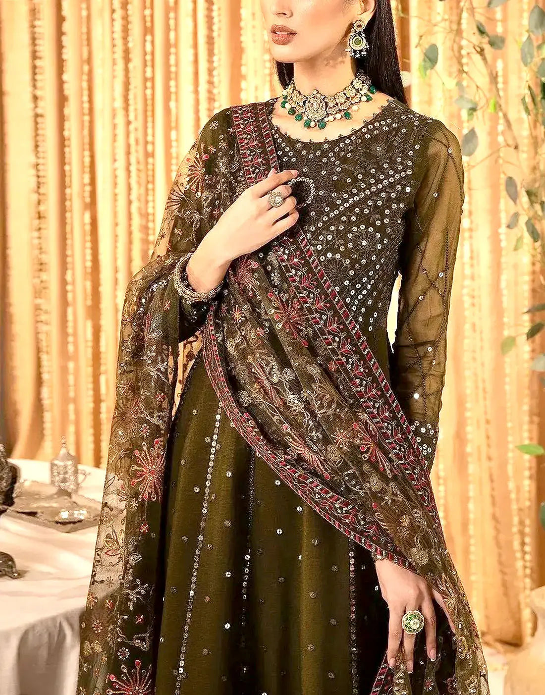 Luxury 5mm Sequins Embroidered Mehndi Green Chiffon Maxi Dress - Ideal DressyZone.com Luxury 5mm Sequins Embroidered Mehndi Green Chiffon Maxi Dress - Ideal DressyZone.com