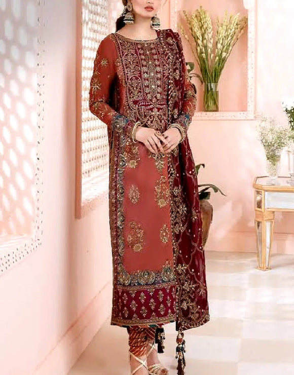 Heavily Embroidered Iced Tea Chiffon Wedding Dress for Formal & Wedding Wear (DZ18422)