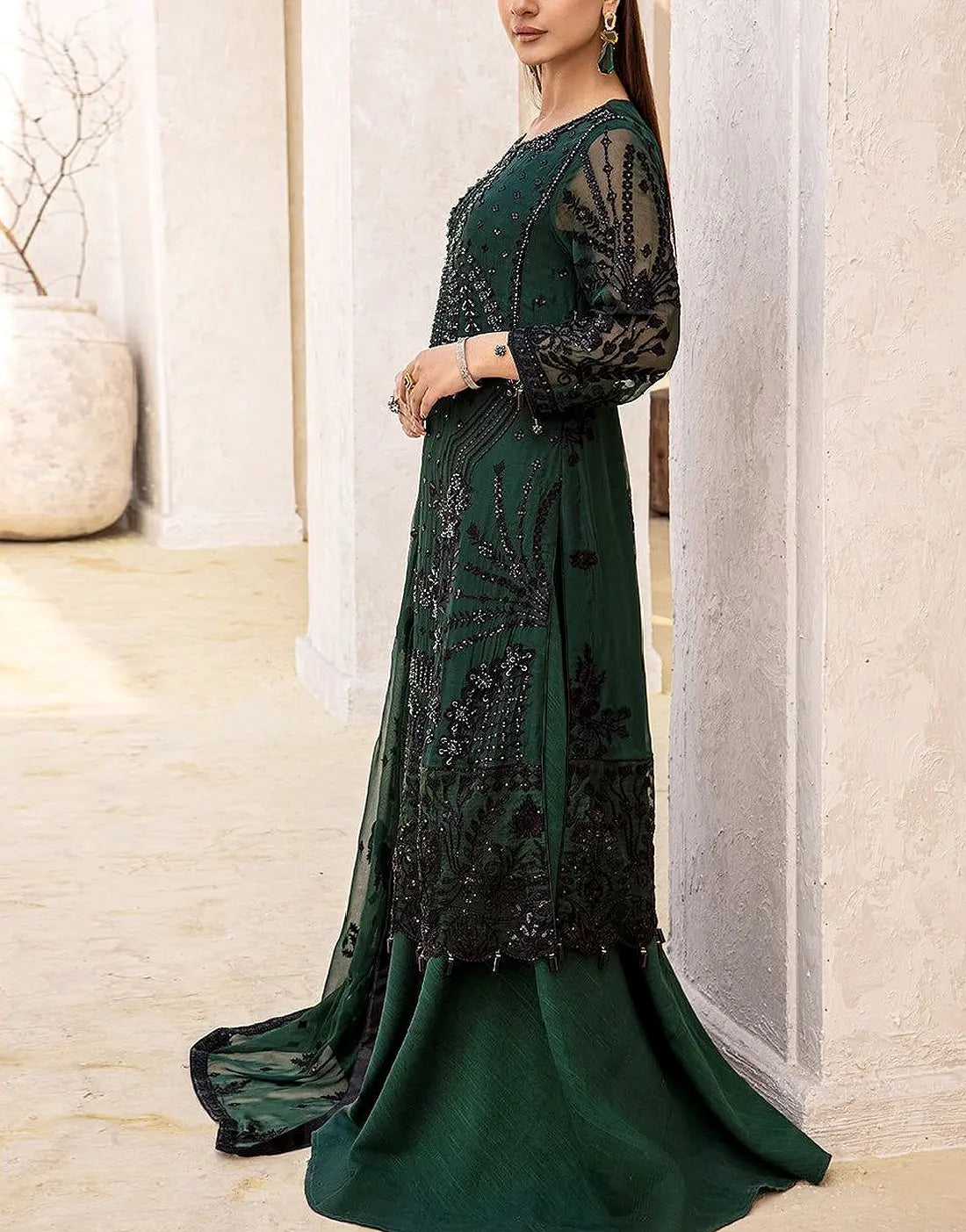 Glamorous Handwork Embroidered Bottle Green Chiffon Wedding Dress (DZ1 –