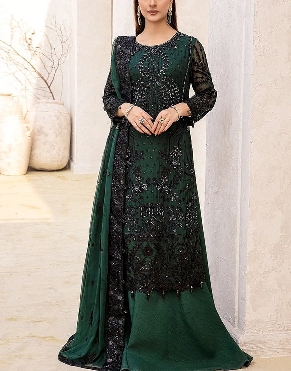 Glamorous Handwork Embroidered Bottle Green Chiffon Wedding Dress (DZ18426)