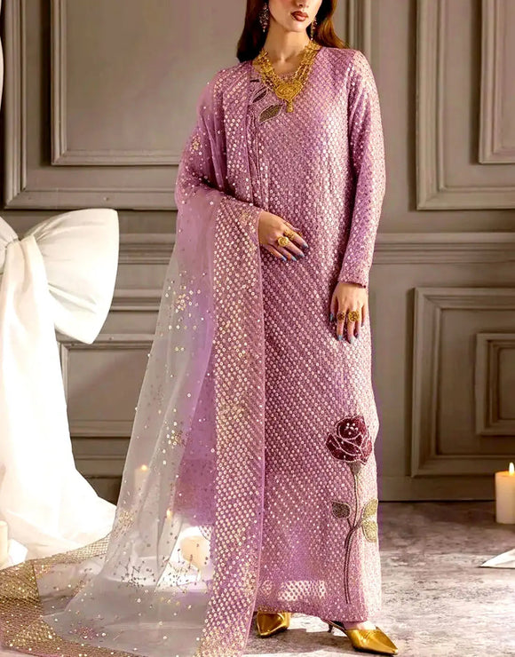 Glittering Sequins Embroidered Mauve Chiffon Wedding Dress with Emb. Rose on Front (DZ18453)