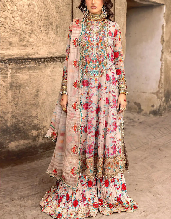 Stylish Chiffon Party Wear Dress with Embroidery and Floral Print (DZ18455)