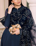Graceful Embroidered Navy Blue Chiffon Wedding & Party Wear Dress (DZ18473)