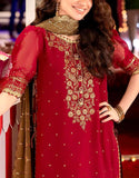 Embroidered Deep Red Chiffon Wedding Dress with Emb. Silk Trouser (DZ18621)