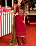Embroidered Deep Red Chiffon Wedding Dress with Emb. Silk Trouser (DZ18621)